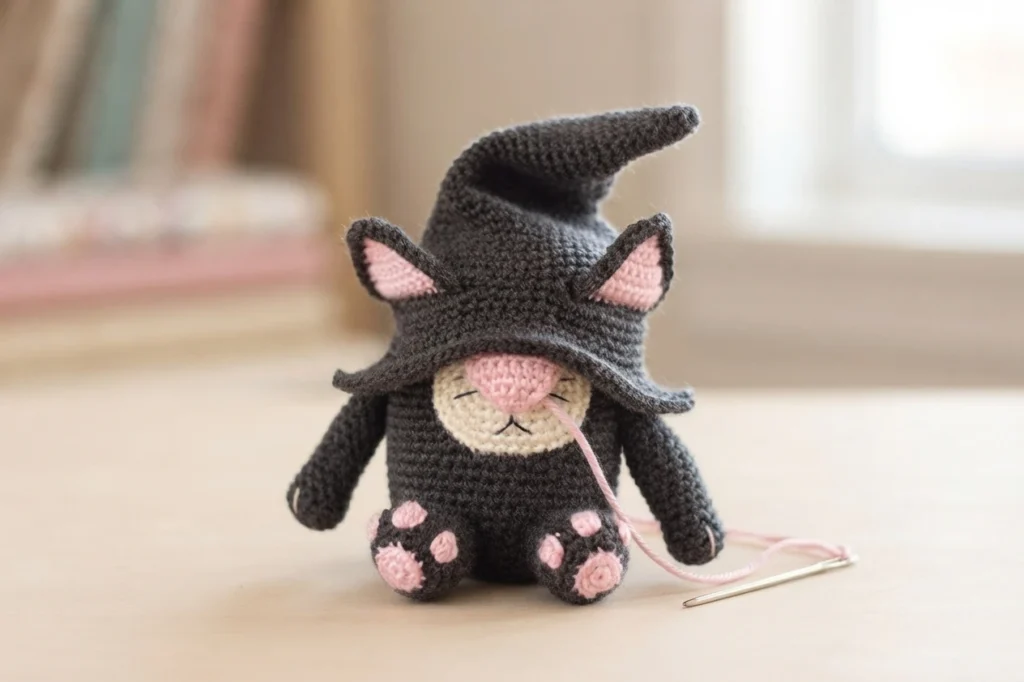 Crochet cat gnome in charcoal grey with a pointed hat, pink inner ears, pink nose, cream muzzle with stitched whiskers and pink paw pads, a pink yarn tail and a tapestry needle resting on the surface beside it.
