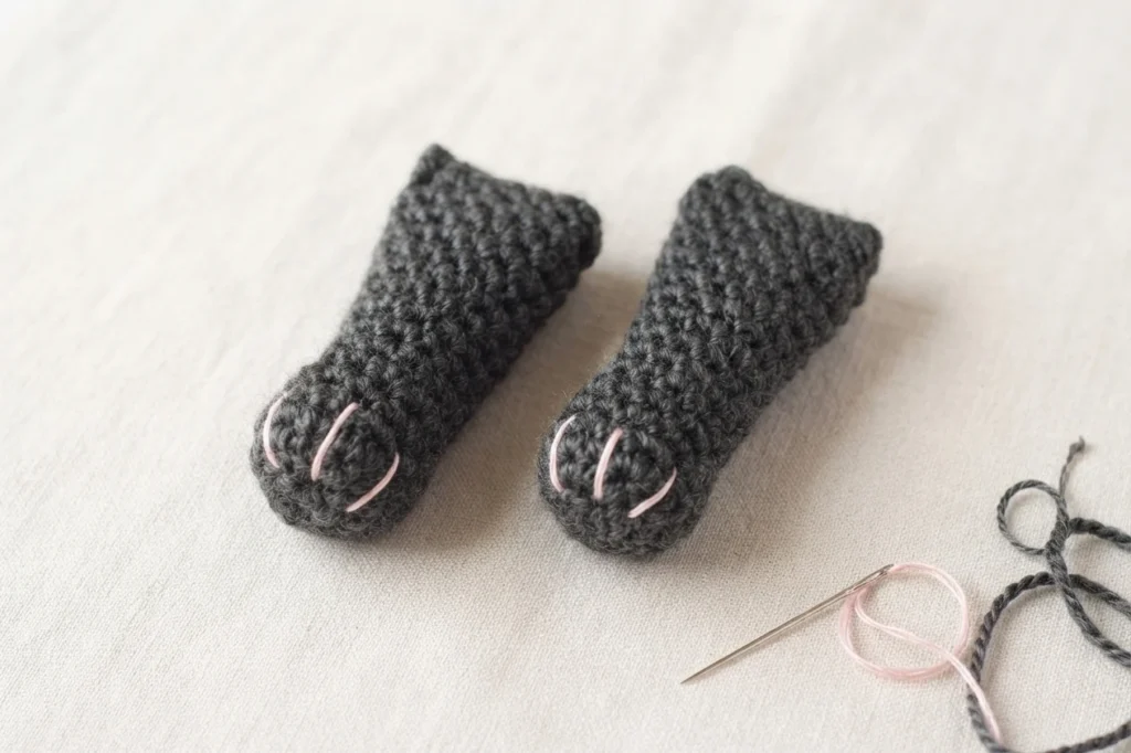 Two small dark grey crocheted tube shapes lying on cream fabric, each with two short pink embroidered lines on the rounded end, next to an embroidery needle threaded with pink yarn and loose strands of dark yarn.