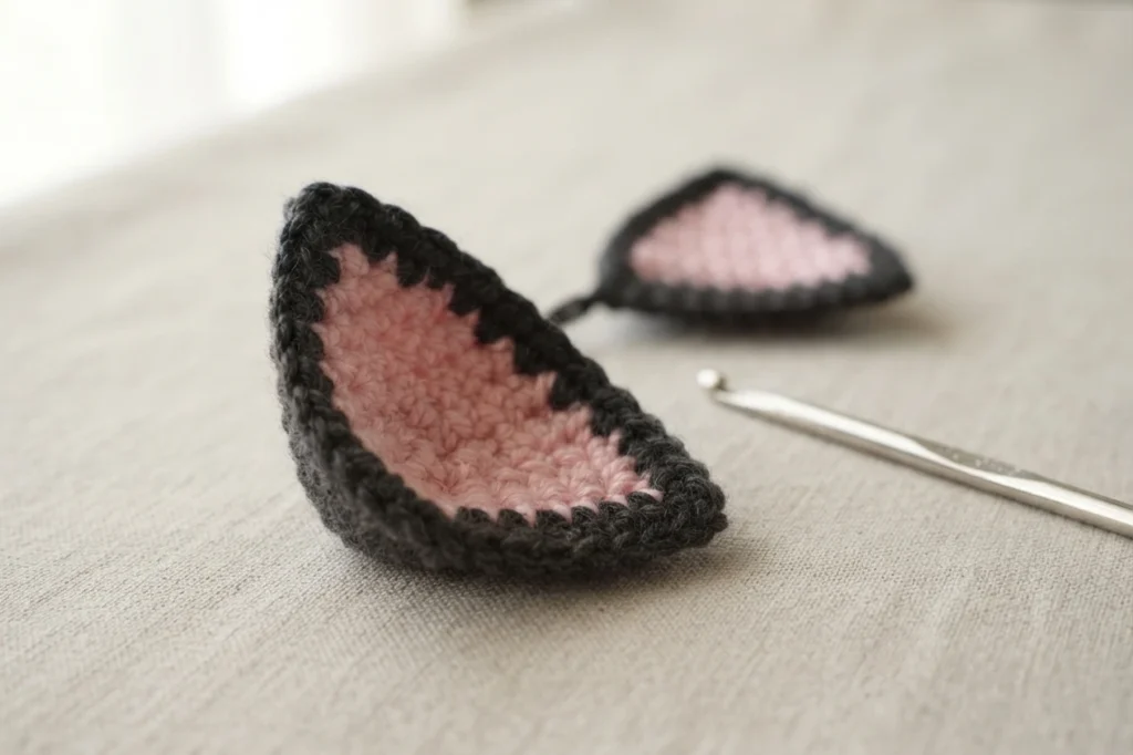 Two crocheted cat ear pieces with dark gray borders and pink inner sections resting on a light fabric surface, one ear standing upright in focus with a metal crochet hook beside it and a second ear blurred behind.