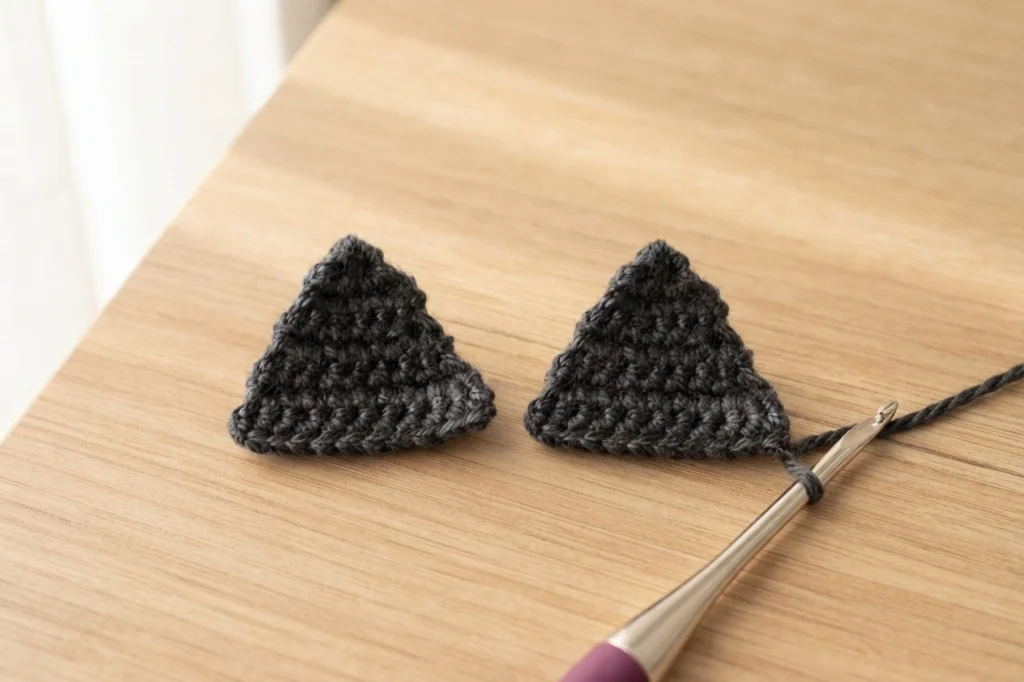 Two charcoal grey crocheted triangular ear pieces resting on a light wood surface, one still holding a crochet hook in its working loop.