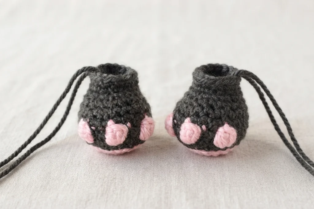 Two small crocheted charcoal grey cat feet with pink toe pads and pink base rings, each with long dark yarn tails, resting side by side on a light grey fabric surface.
