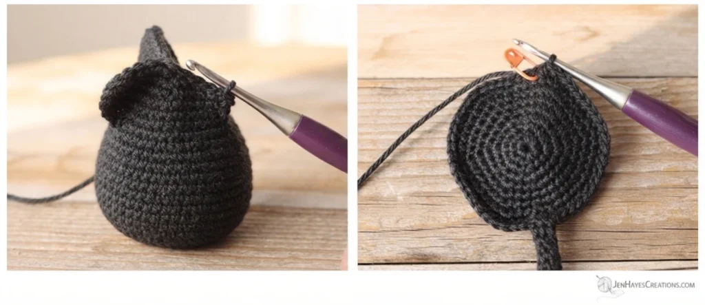 Two side-by-side photos of a dark gray crocheted piece on a wooden surface: on the left a purple-handled crochet hook joins the tail to the top of the round body, and on the right the tail is joined to the body with an orange stitch marker