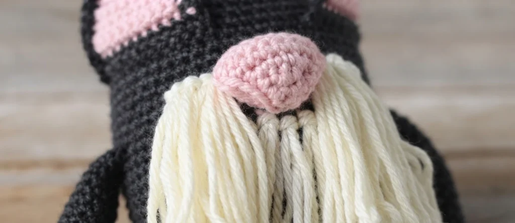 Close-up of a crocheted cat gnome showing a pink crocheted nose and long cream yarn strands hanging beneath it to form the beard, on a charcoal gray body, against a blurred wooden background.