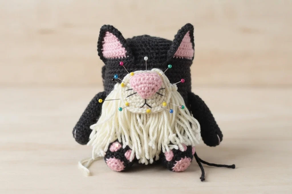 Black crochet cat gnome seen from behind with a cream muzzle, pink nose and a long yarn beard held in place by colorful pins, sitting on a light wood surface.