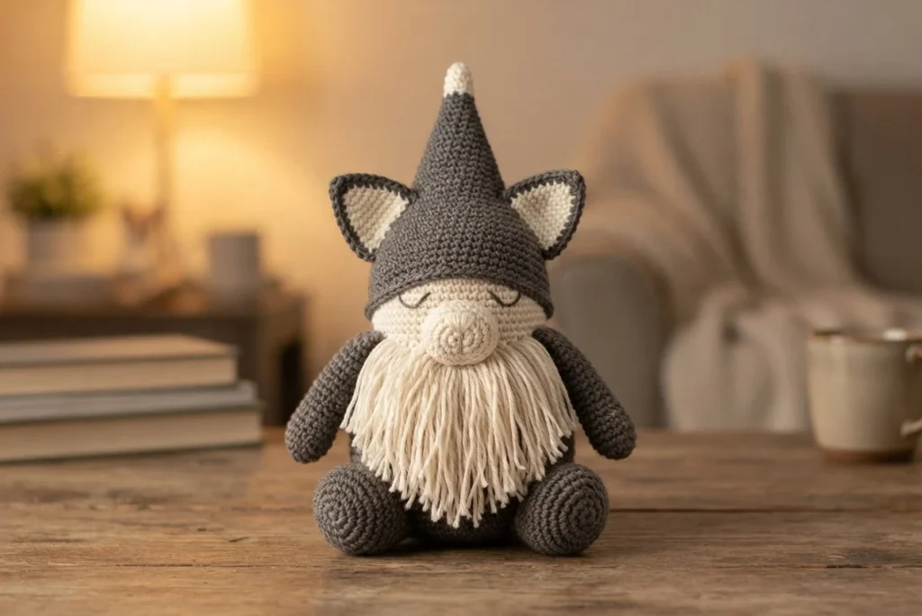 Single grey crocheted cat gnome with a pointed hat, cat ears and a long white beard, sitting on a wooden table in a softly lit room.