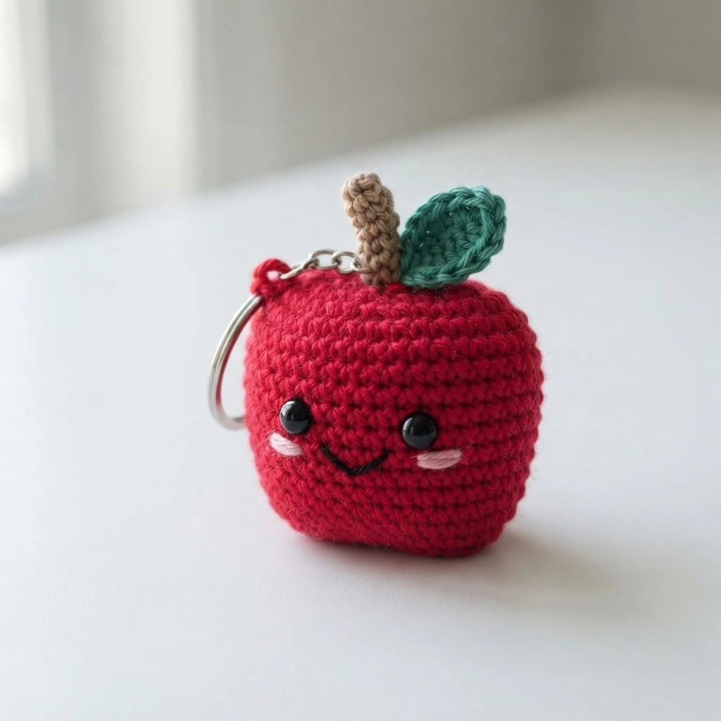 Small crocheted red apple keychain with black bead eyes, a stitched smile, pink cheeks, a brown stem and a green leaf, attached to a silver keyring and resting on a white surface.