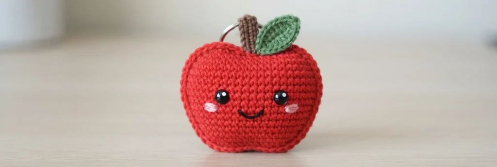 Finished crocheted red apple keychain with a brown stem, a green leaf, a metal keyring, two black safety eyes, pink stitched cheeks and a small stitched smile, standing on a light wood surface.