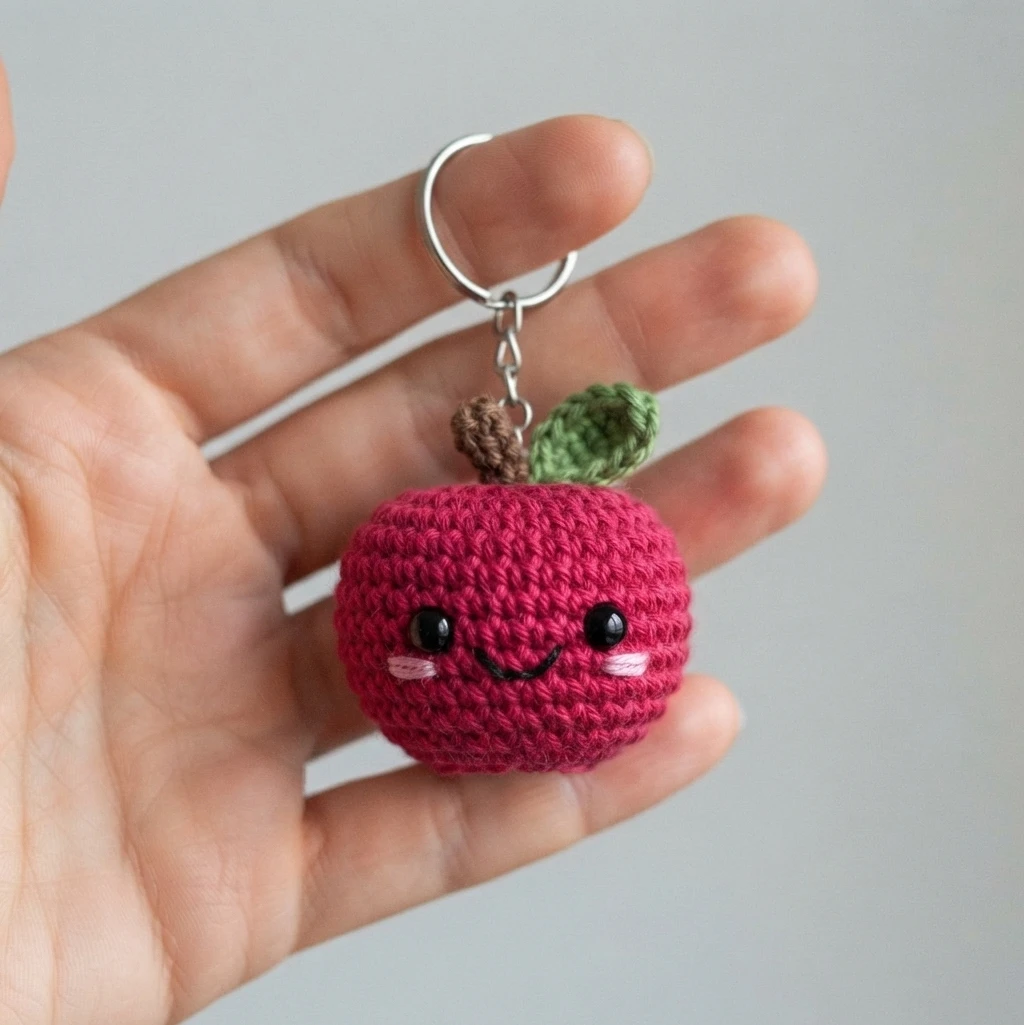 Finished crocheted apple keychain in magenta yarn with black safety eyes, stitched pink cheeks, a small embroidered smile, a brown stem, a green leaf and a silver keyring, resting in an open hand.