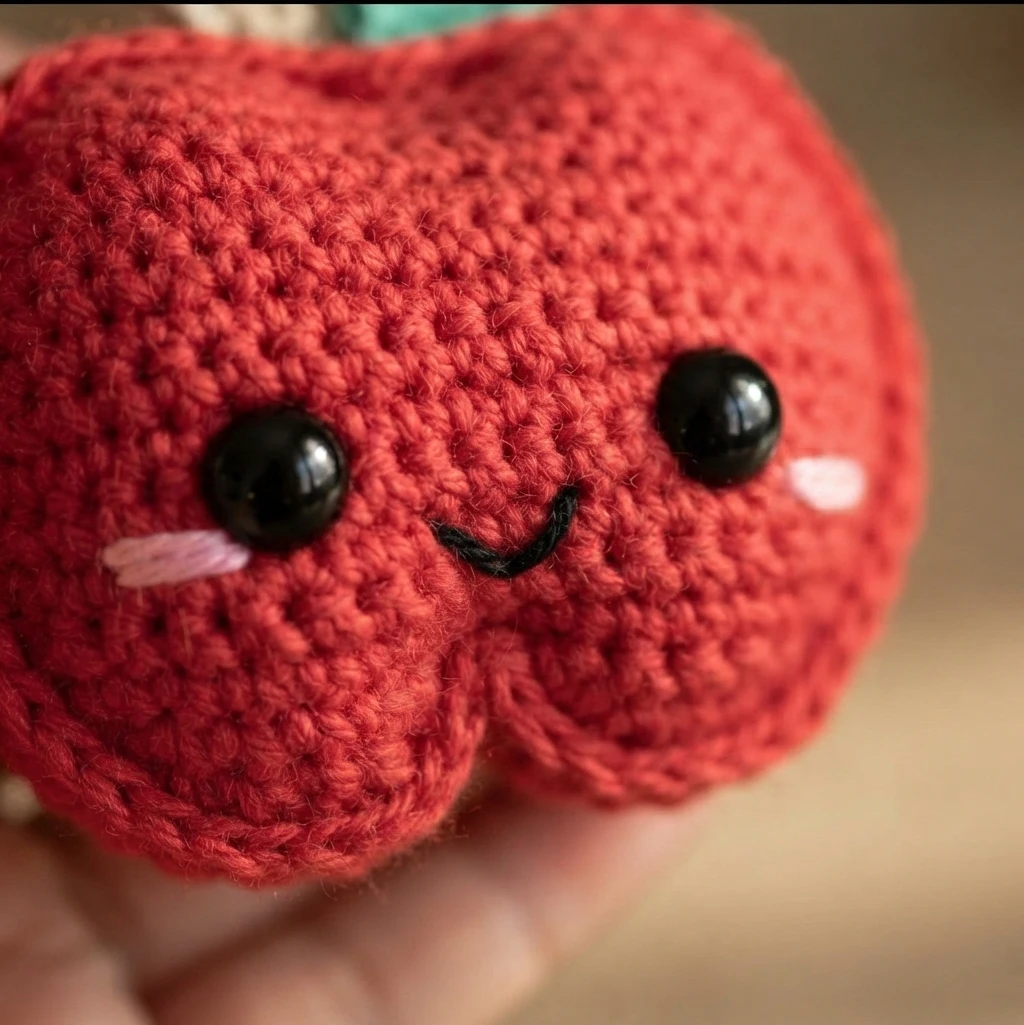 Close-up of a red crocheted apple keychain face with black safety eyes, a stitched black smile and pink cheeks, held in a hand.