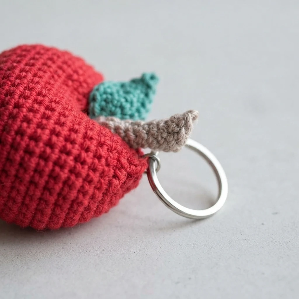 Close-up of the back of a red crocheted apple keychain, showing a beige crocheted stem, a teal leaf and a silver keyring attached at the top.