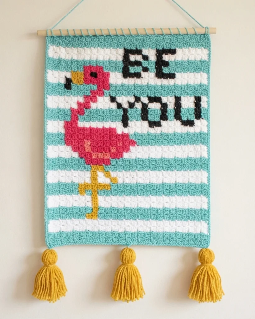 Corner to corner crochet wallhanging in alternating teal and white stripes showing a pink flamingo with yellow legs and black BE YOU lettering, hung from a wooden dowel by a cord with three yellow tassels along the bottom edge.