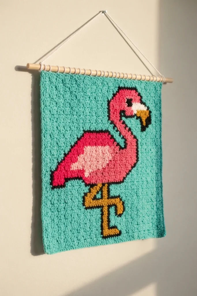 Finished crochet flamingo wallhanging in teal, hot pink, light pink, gold and black, hanging from a wooden dowel with a cord on a pale wall