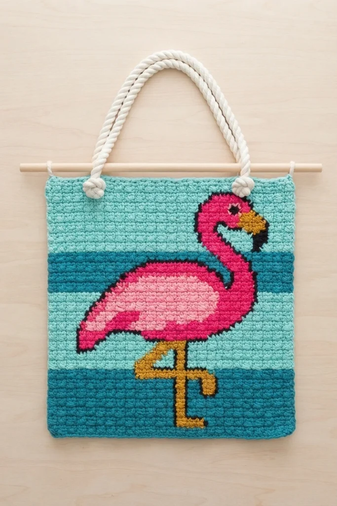 Finished crocheted flamingo wallhanging hanging from a wooden dowel by a white rope, with light and dark teal stripes and a pink flamingo outlined in black with a gold beak and legs.