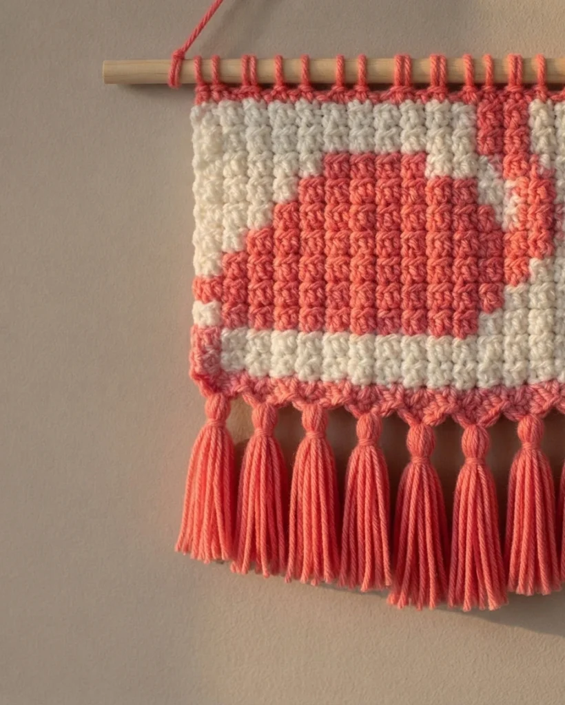 Crocheted corner to corner wallhanging in coral and white hanging from a wooden dowel against a plain wall, with a row of coral tassels along the bottom edge.
