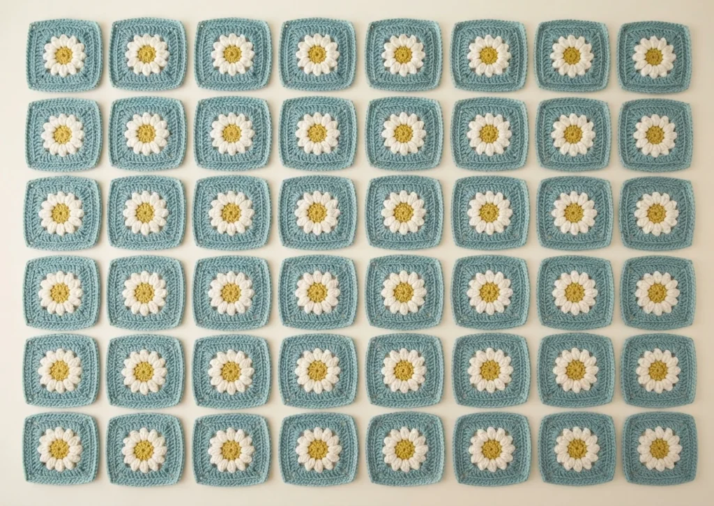 Flat lay of 48 teal crochet daisy granny squares arranged in a grid on a cream background, each square with white petals around a yellow center.