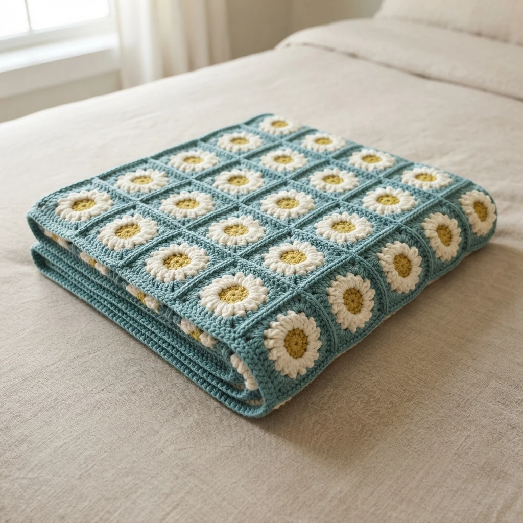 Folded crocheted blanket made of mint blue daisy granny squares with white petals and yellow centers, resting on a bed.