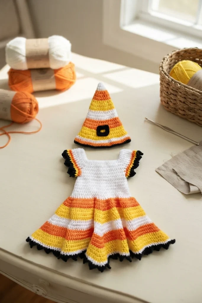 A white crochet baby dress with orange, yellow, and white candy-corn stripes, black ruffled edging, and a matching pointed hat, arranged on a table with yarn and a crochet hook.