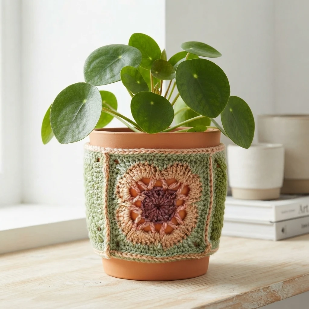 Crocheted granny square flower pot cover in green with a peach and pink flower motif, shown on a terracotta pot holding a Pilea plant on a wooden table.