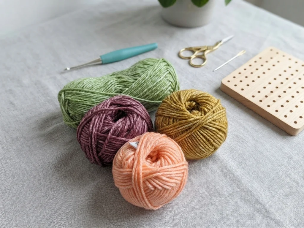 Flat lay of four yarn balls in green, mauve, mustard and peach on a pale linen cloth, with a teal crochet hook, gold scissors, a yarn needle and a wooden blocking board.