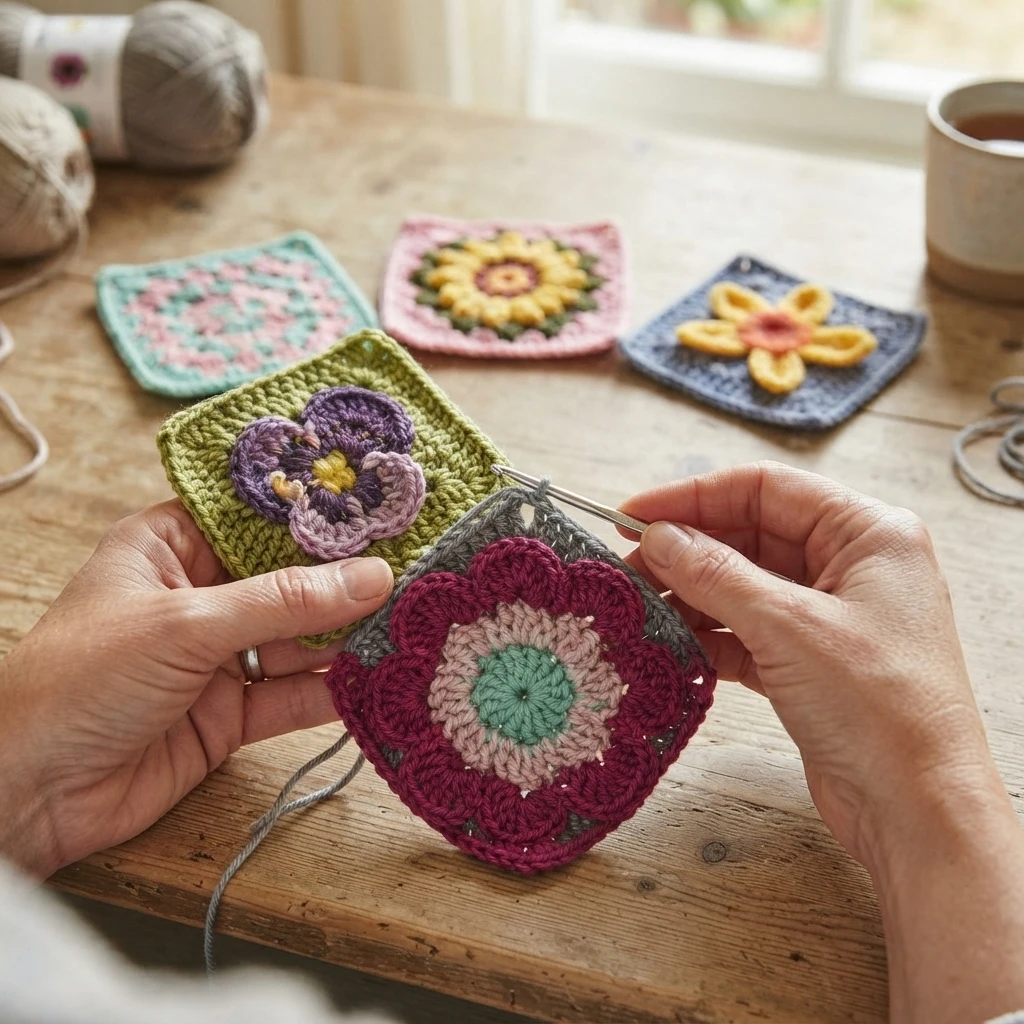 Mains tenant un carré crocheté à fleur rose et verte au-dessus d'une table en bois, entouré de plusieurs granny squares fleuris aux couleurs variées et de pelotes.