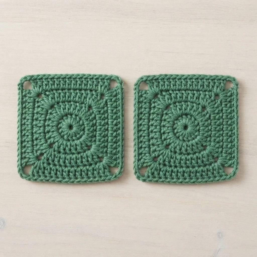 Two green crochet squares side by side on a light wood surface, each with a small center opening and concentric rounds of stitches forming a square with corner spaces.