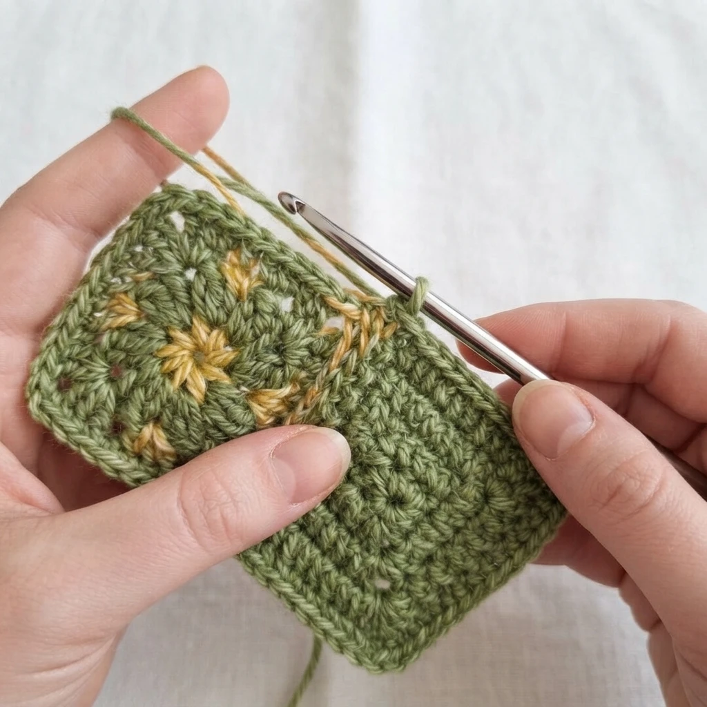 Hands holding two green crocheted granny squares together, inserting a crochet hook to join them with a slip stitch seam, with yellow flower motifs visible on the squares.