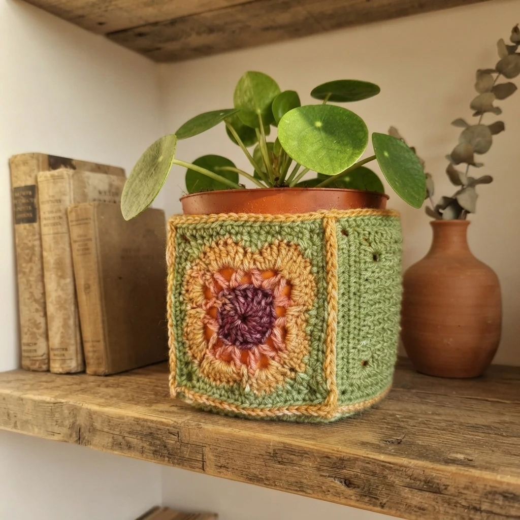 Crocheted square pot cover with a flower motif in purple, orange and green, holding a potted plant on a wooden shelf, with books and a vase nearby.