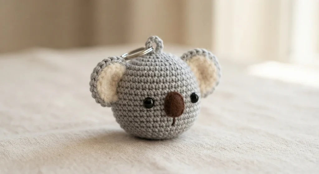 Grey crocheted koala head keychain with cream inner ears, black eyes and a brown oval nose on a light fabric surface