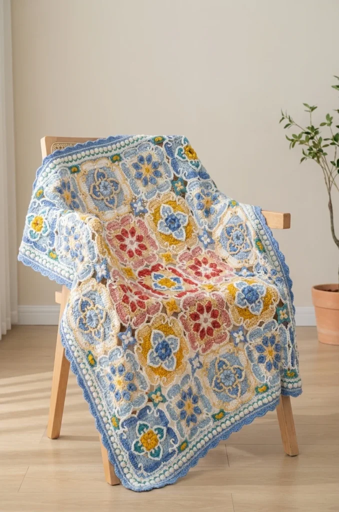 Colorful crochet patchwork blanket with blue, yellow and red floral squares and a blue scalloped border, draped over a wooden chair