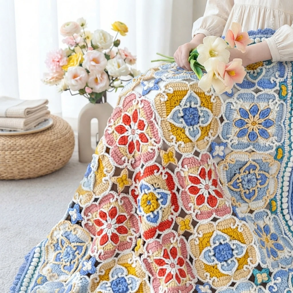 Close-up of a colorful patchwork crochet blanket with red, pink, blue and yellow floral motifs draped over a lap, held by a person holding pale flowers
