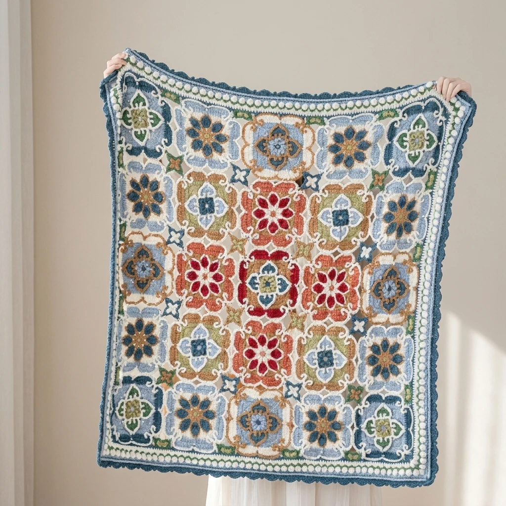 Hands holding a colorful patchwork crochet blanket with floral square motifs in blue, red, orange and green and a dark blue scalloped border