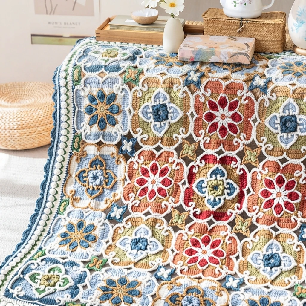 Close view of a colorful crochet patchwork blanket with floral motifs in blue, red, orange, green and white, draped over furniture
