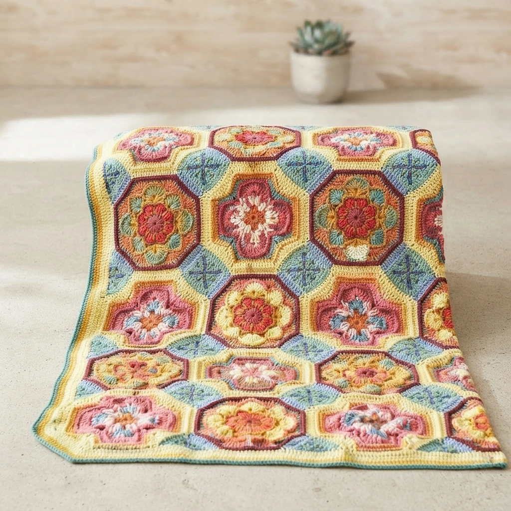 A colorful crochet patchwork blanket with octagonal and floral motifs in pink, red, yellow and blue, draped over a surface with a small potted succulent behind it