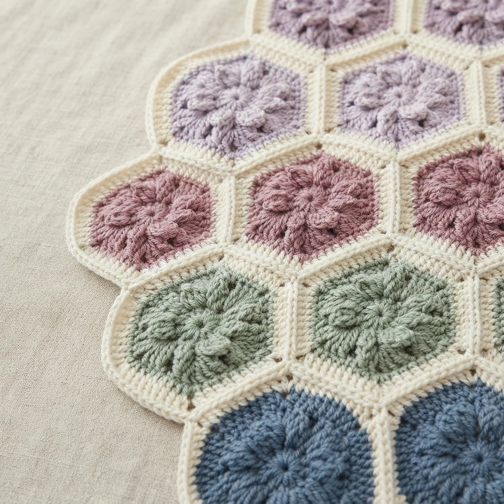Close up of a crochet patchwork blanket edge with cream joined hexagonal motifs with raised floral centers in lavender, dusty pink, sage green and blue on a beige fabric background