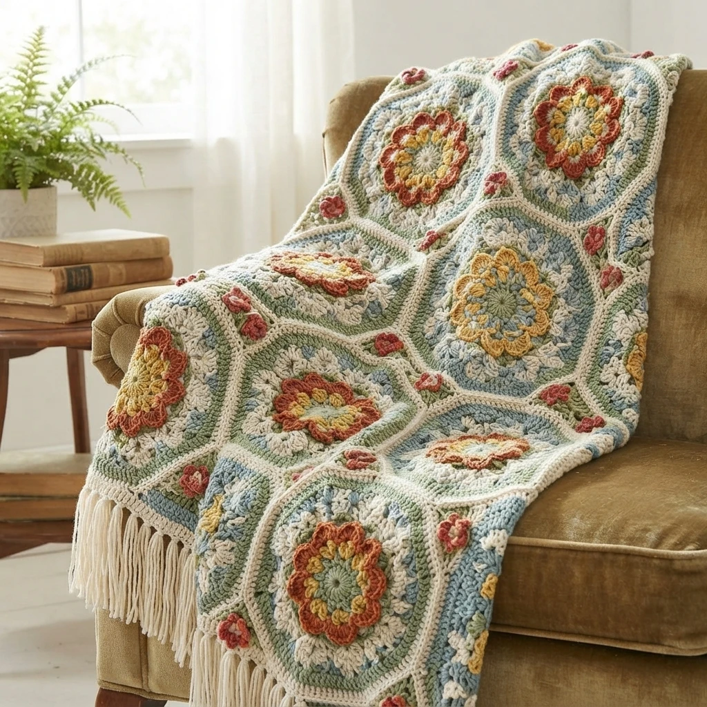 Crochet blanket with large floral motifs in rust, mustard, sage and pale blue draped over a tan armchair, with cream fringe