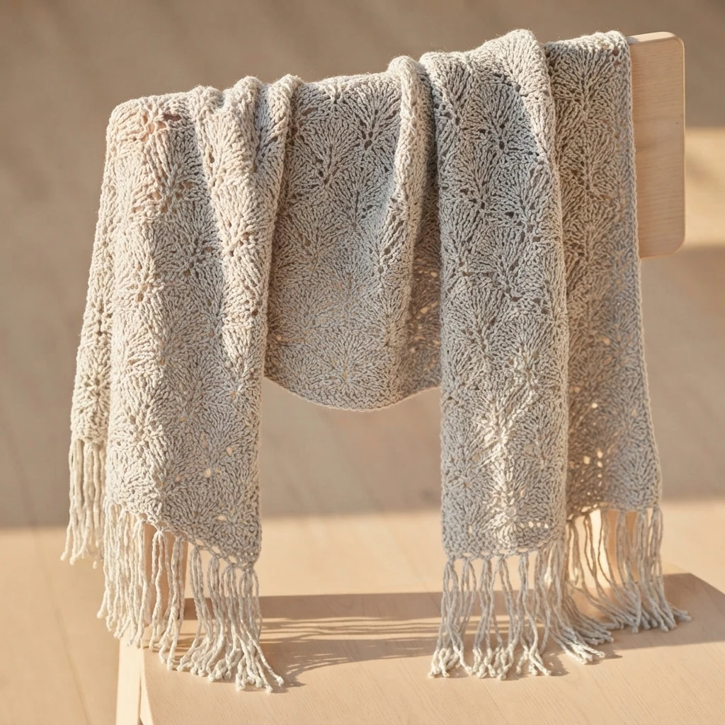 Cream and light beige lace crocheted shawl with open fan and leaf motifs draped over a light wooden chair, fringe hanging from both ends, warm daylight and a plain tan background.