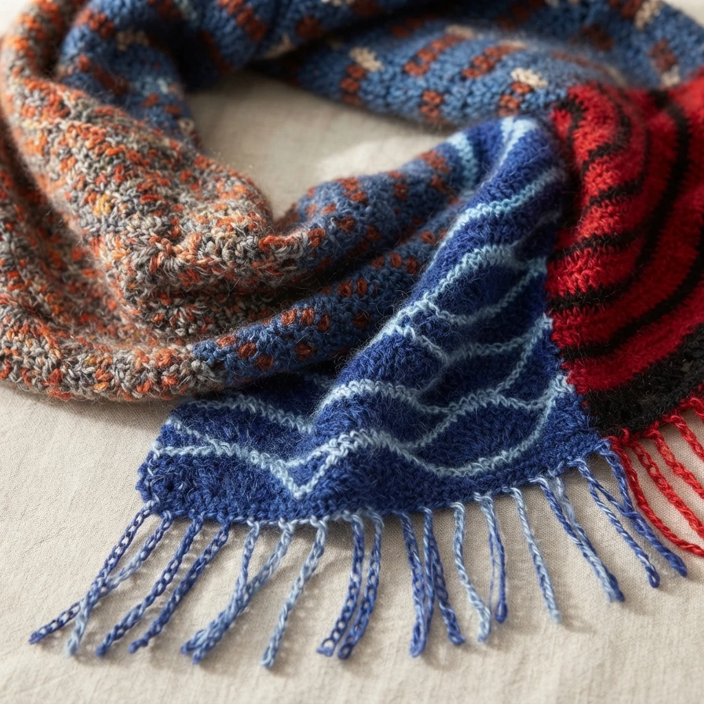 Striped crochet scarf in blue, orange and red with fringe, folded on a light surface