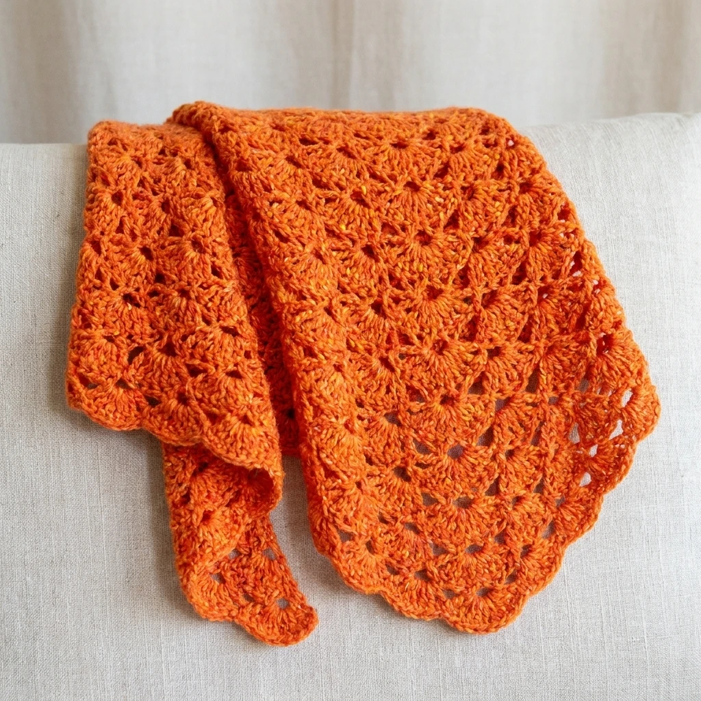 Orange crochet shawl with an openwork diamond fan lace motif and a scalloped edge, folded and draped over a light linen surface.