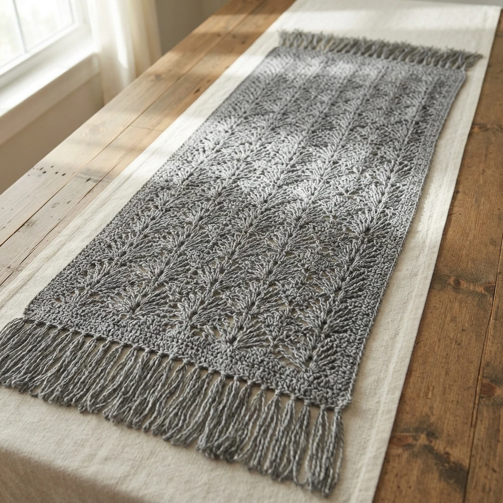 Rectangle de crochet ajouré gris avec motif de losanges en éventails et frange aux deux extrémités, posé à plat sur un chemin de table clair au-dessus d'une table en bois près d'une fenêtre.