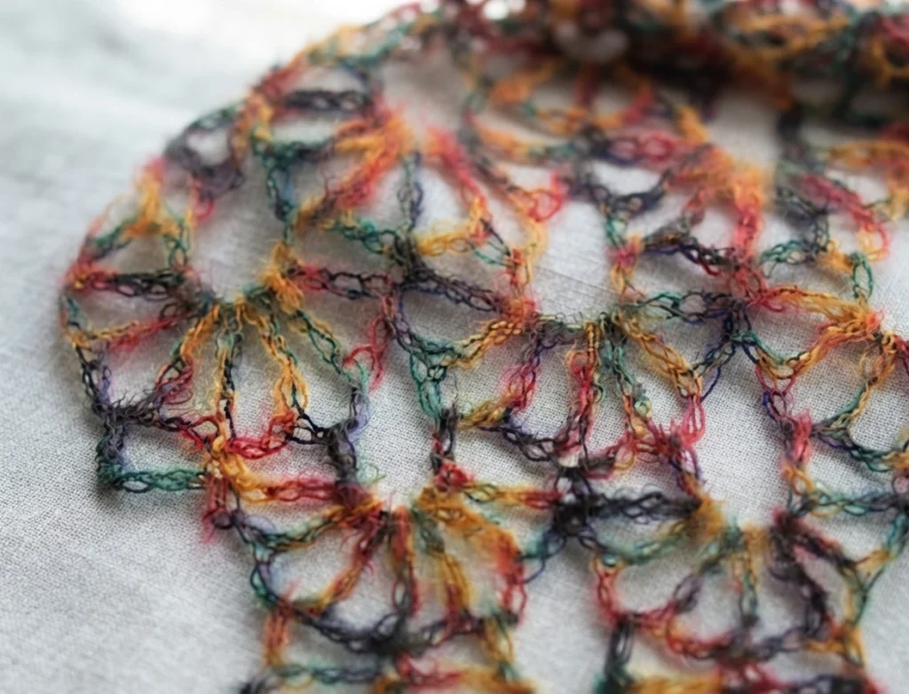 Close-up of openwork crochet lace in variegated green, orange, red and purple yarn forming fan-shaped motifs on a white cloth.