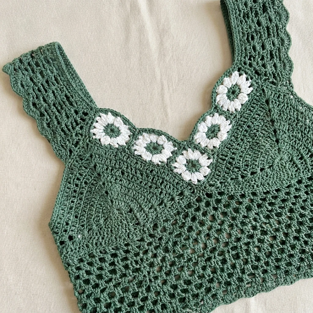 Green crochet sleeveless top with white daisy flowers along the neckline, photographed flat on a neutral background.