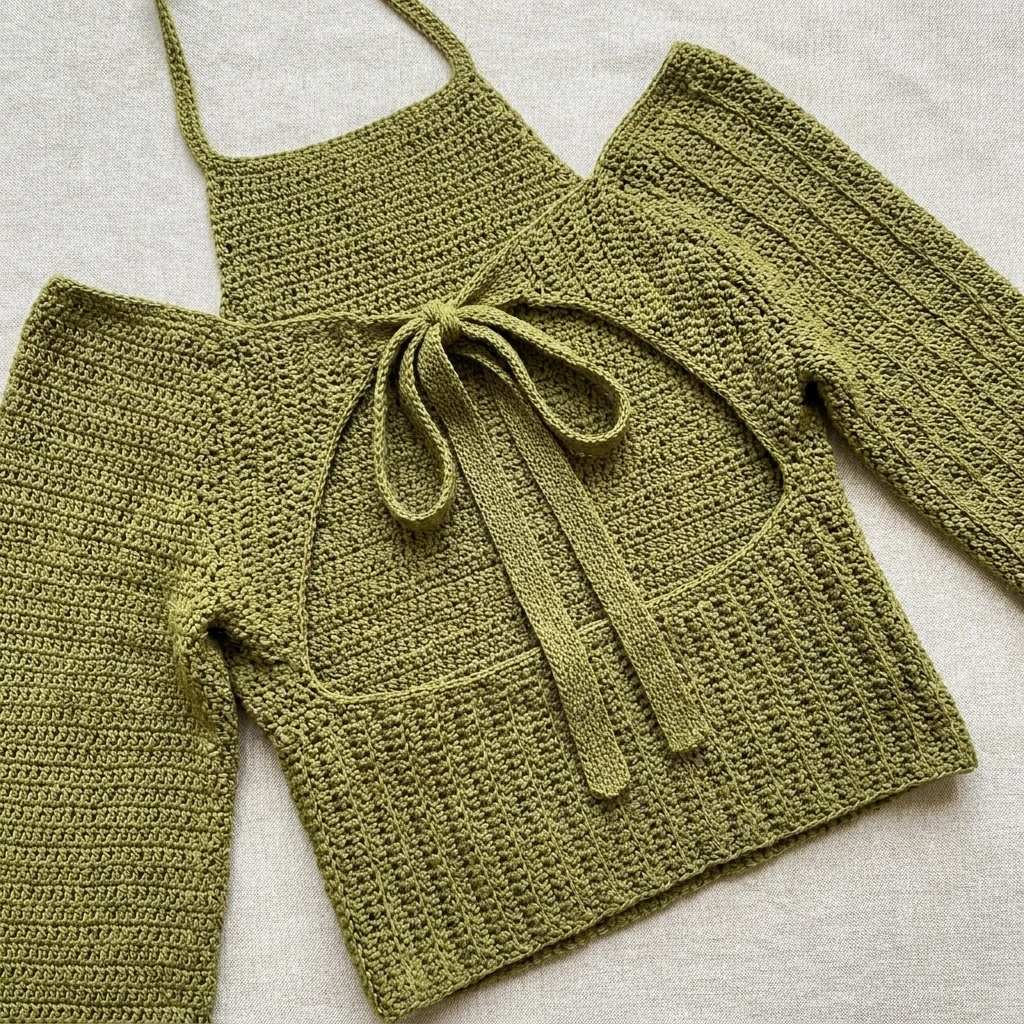 Olive green crochet halter top with keyhole back tie laid flat