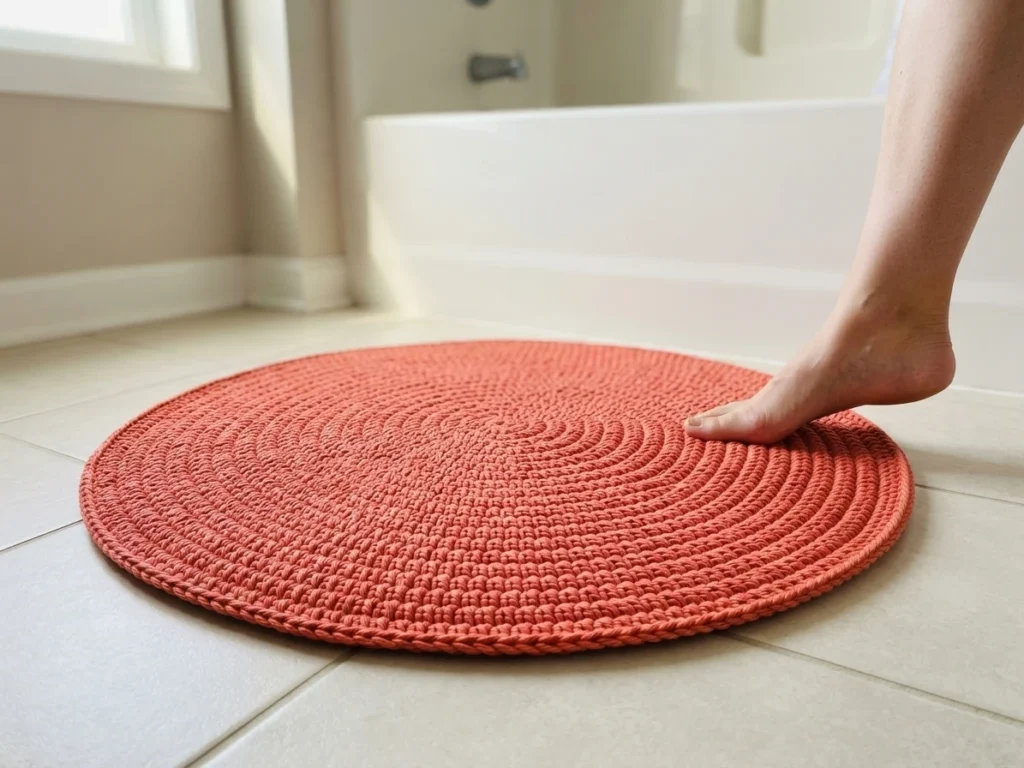 A round coral crocheted rope bath mat on a bathroom tile floor with a bare foot stepping onto it beside a bathtub