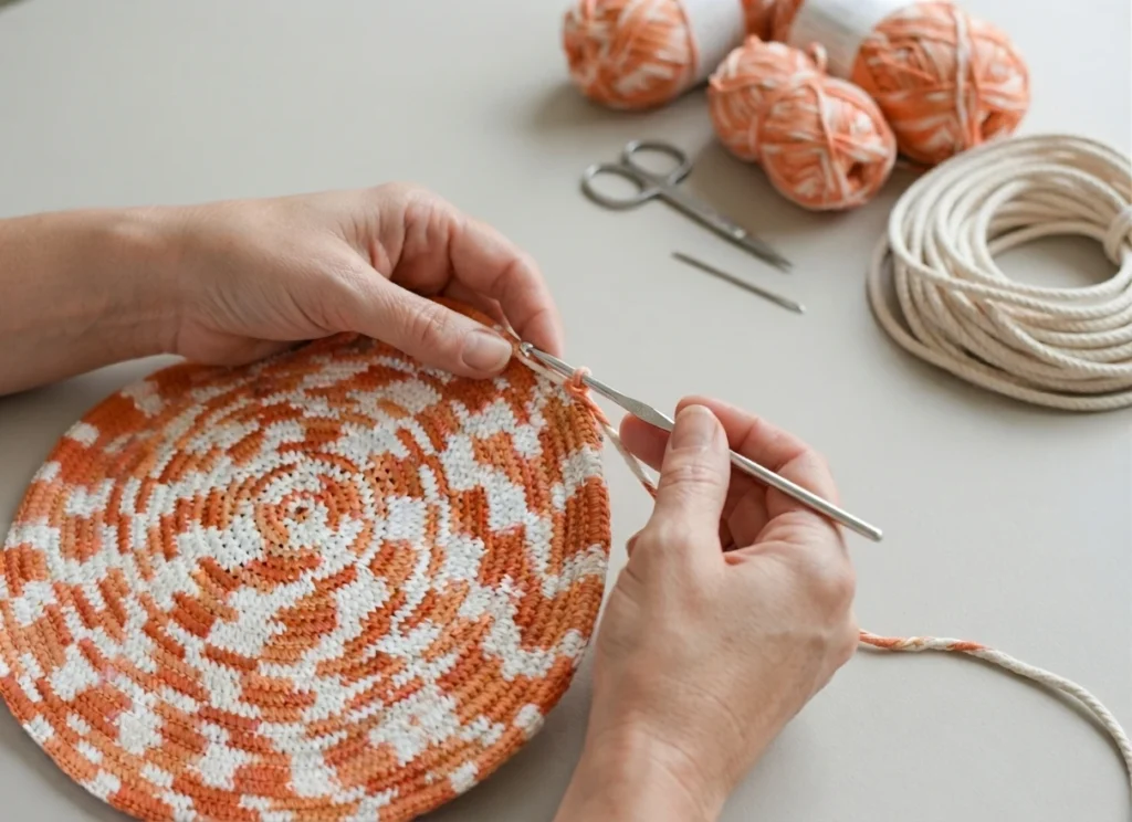 Hands crocheting a round orange and white variegated rope rug with a metal hook, with yarn balls, scissors, a tapestry needle and a coil of rope on a light table.