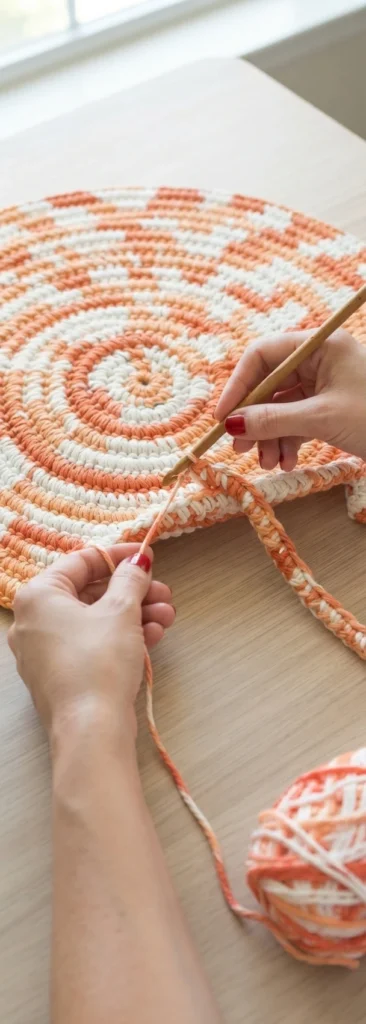 Hands crocheting a round orange and white rope bath mat with a wooden hook on a light wooden table, with a ball of variegated yarn nearby.