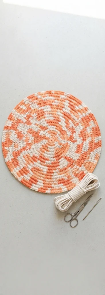 Round crocheted bath mat in orange and white concentric rounds on a light surface, with a small bundle of white rope, scissors and a tapestry needle beside it.