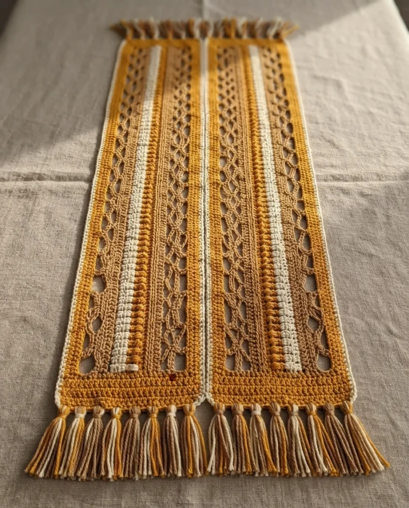 Flat lay of a crocheted table runner in goldenrod, camel and cream stripes with a visible center seam and fringe tassels at both ends, laid on a light linen surface.
