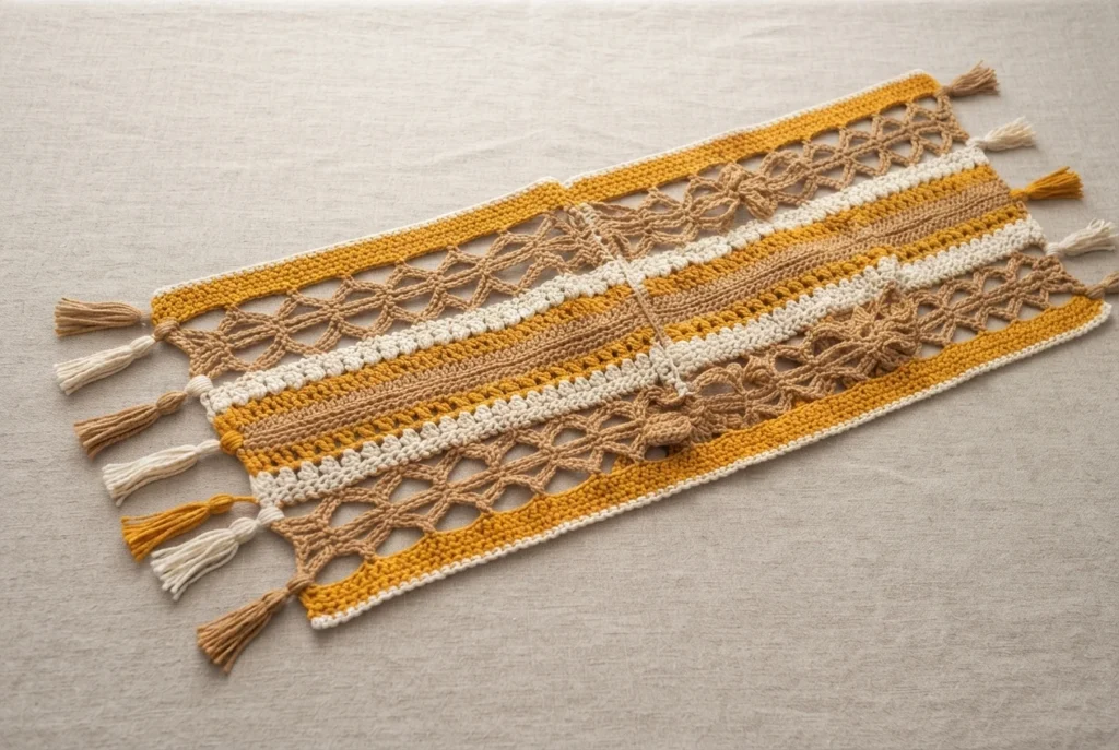 Crocheted table runner in mustard, camel and cream stripes with openwork lattice sections, textured bands and tassels at both ends, laid flat on a light beige fabric.