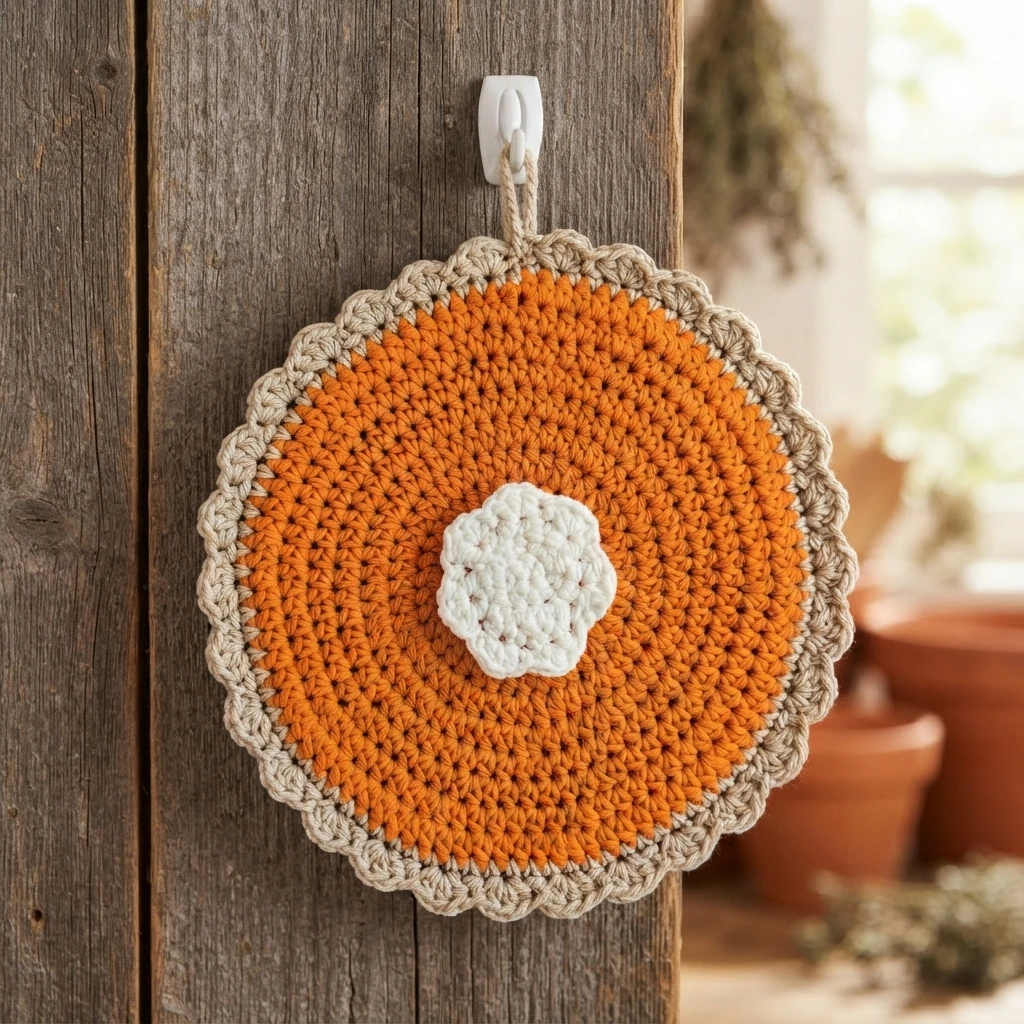 Crocheted round potholder with a bright orange center, a cream scalloped border and a small white flower motif in the middle, hanging from a white hook on weathered wood with blurred terracotta pots behind it.