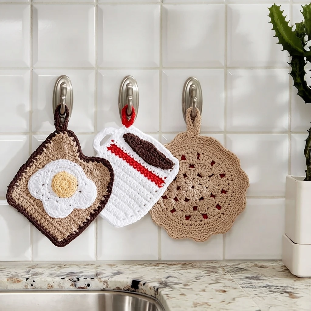 Three crocheted potholders hanging on metal hooks against a white tiled kitchen backsplash: a toast shaped potholder with a fried egg, a white cup shaped potholder with a red stripe and brown top, and a round scalloped beige potholder with